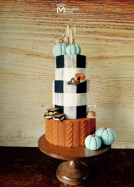 Fall themed Pumpkin and Knit Cake Decorated Using the Marvelous Molds Rib & Cable Knit Simpress Silicone Mold