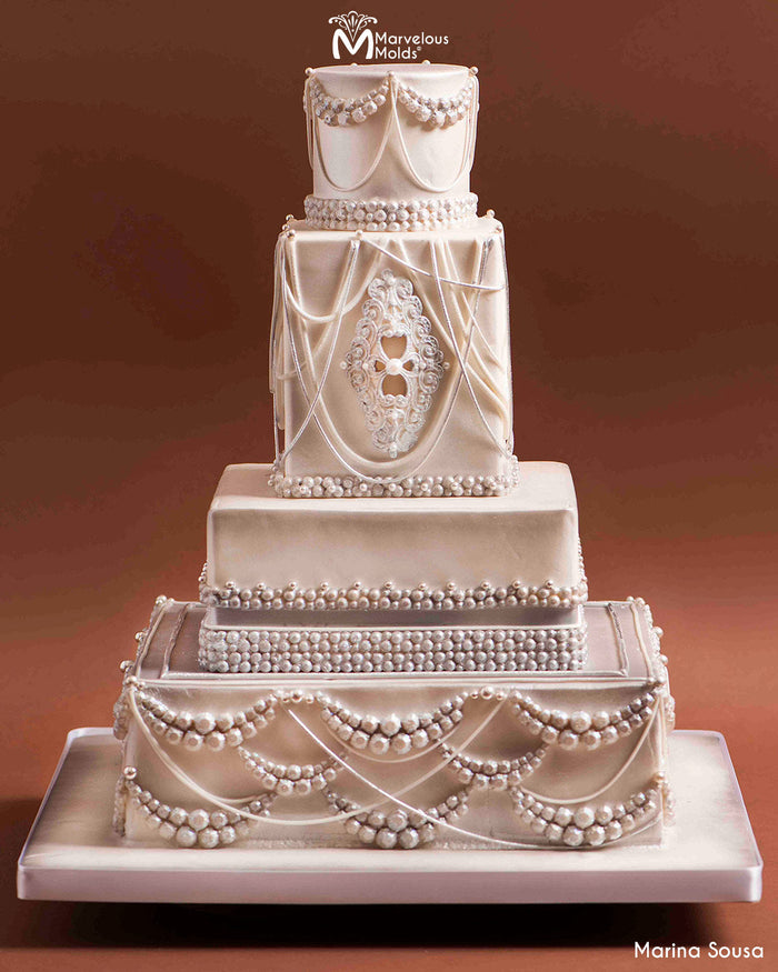 Stringwork Wedding Cake Decorated Using the Diamond Swag Brooch Silicone Mold by Marvelous Molds