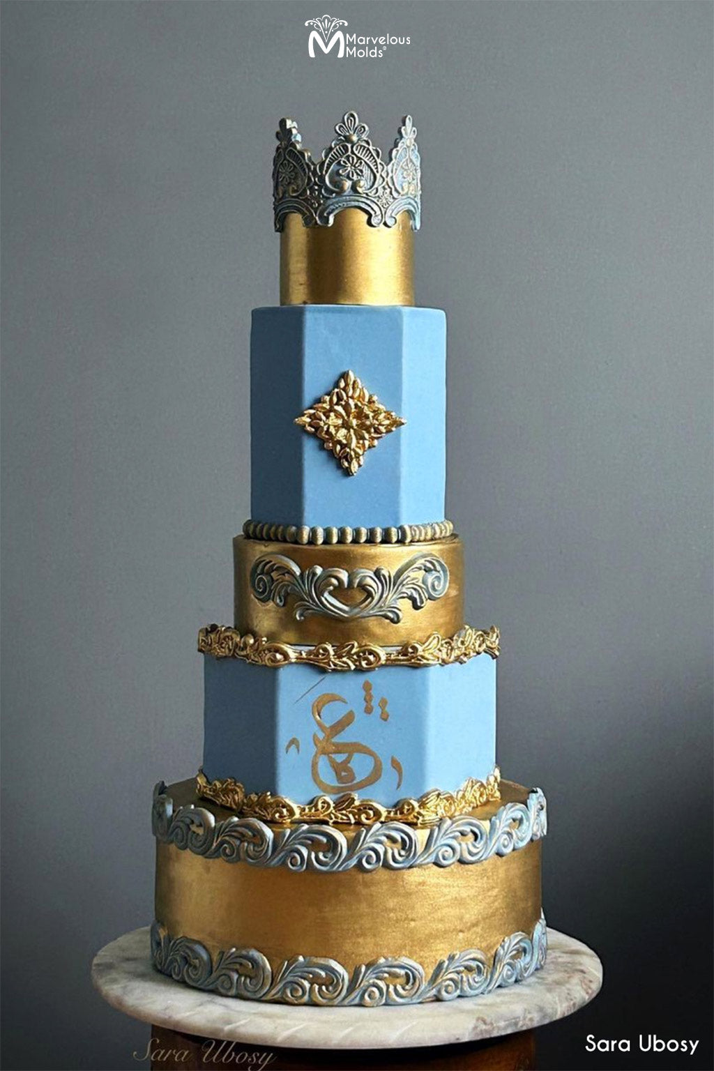 Blue and Gold Metallic Themed Cake with Lace Borders Created Using the Marvelous Molds Peggy Sue Lace Silicone Mold