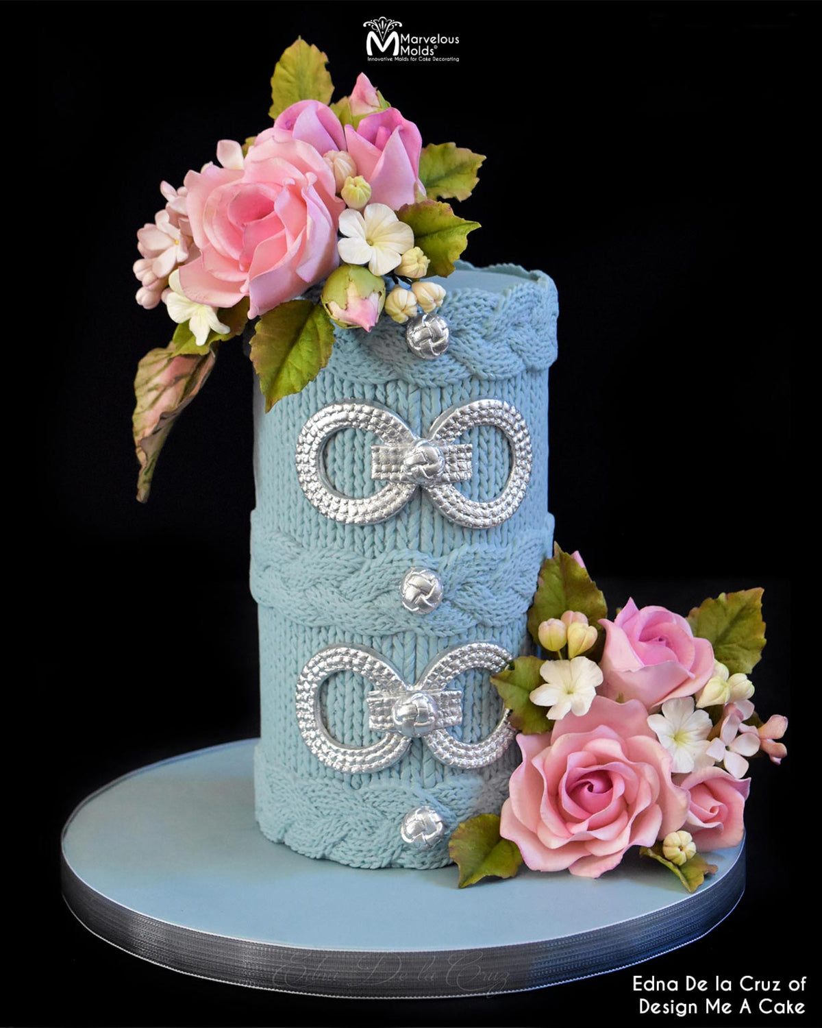Blue Knit Cake decorated using the Marvelous Molds Classic Knit Simpress