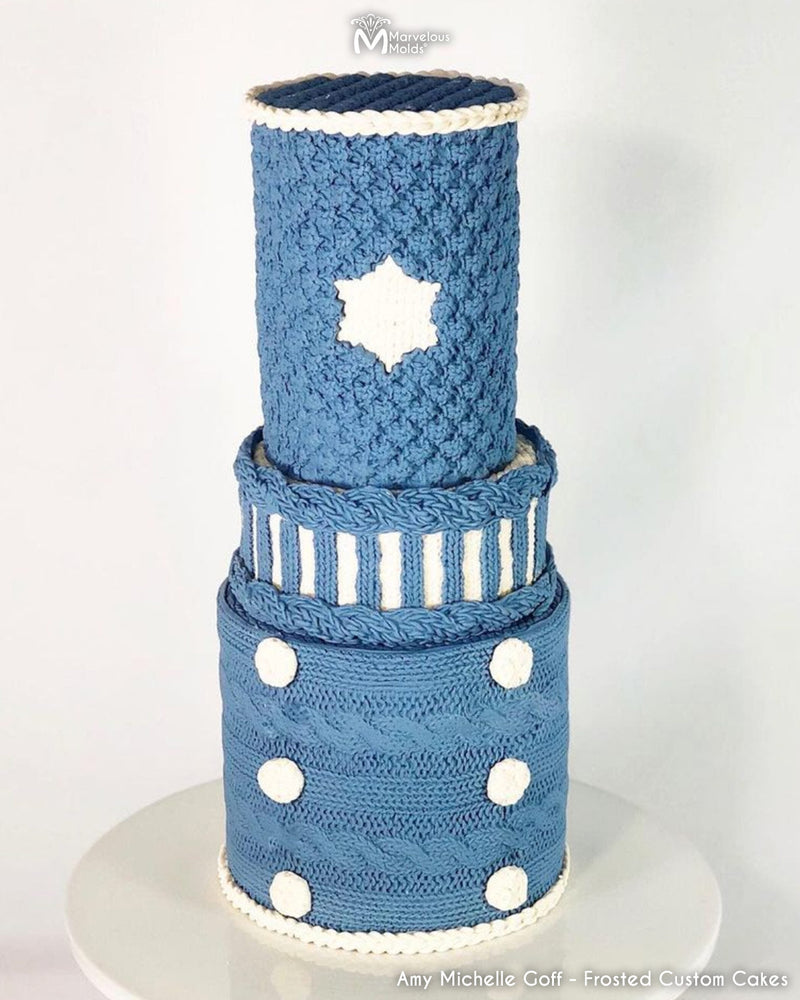 Knitted Blue Winter Cake Decorated with the Trinity Knit Simpress by Marvelous Molds