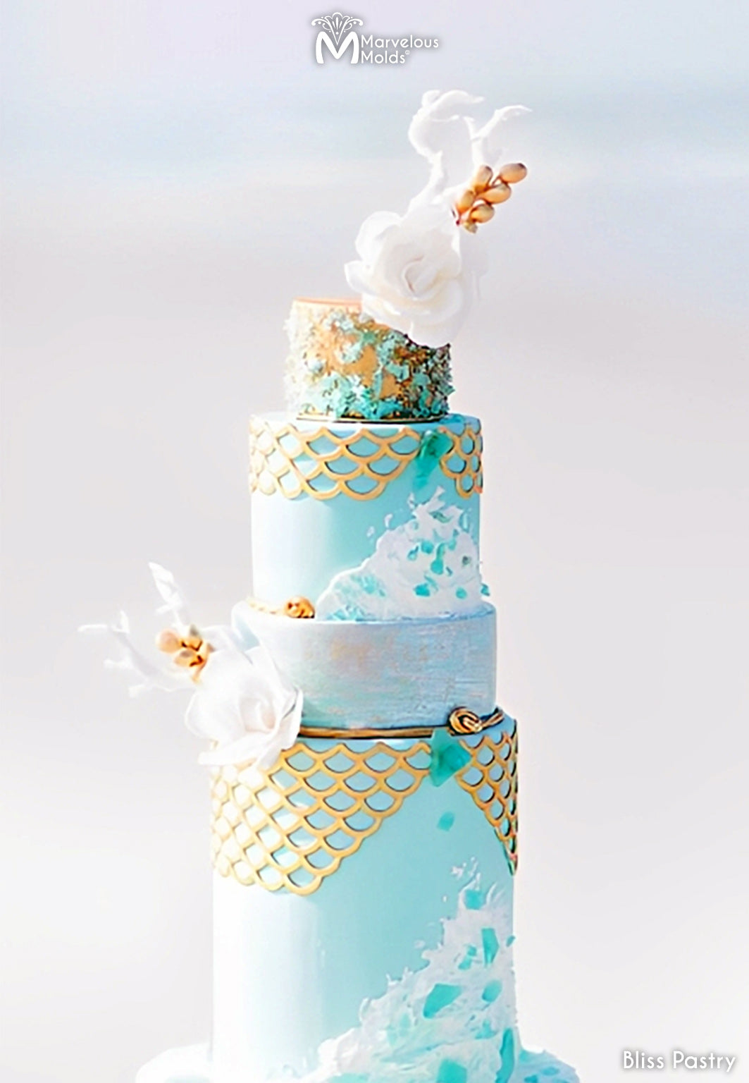 Nautical Themed Beach Wedding Cake Decorated Using the Marvelous Molds Scalloped Lattice Silicone Onlay Cake Stencil