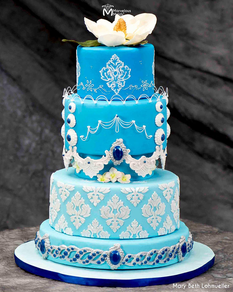 Light Blue Decorated Cake with Sugar Lace Created with the Viola Lace Silicone Mold by Marvelous Molds