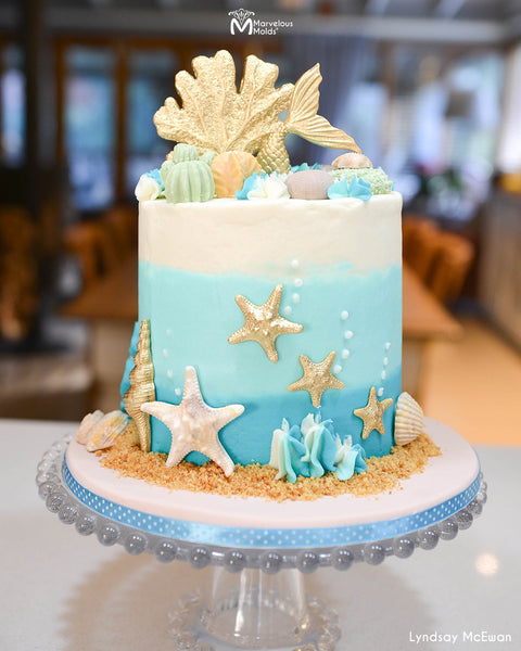 Ocean Themed Mermaid Birthday Cake Decorated with the Starfish Silicone Mold by Marvelous Molds
