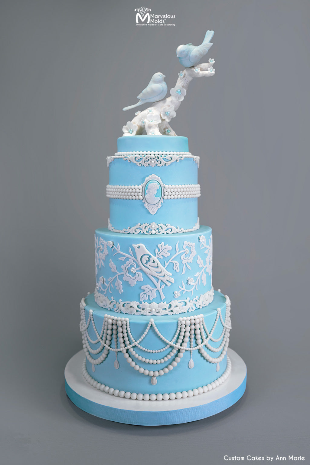 Baby Blue and White Bird and Blossom Cake Decorated Using the Marvelous Molds PinchPro Pearls 8mm Silicone Mold