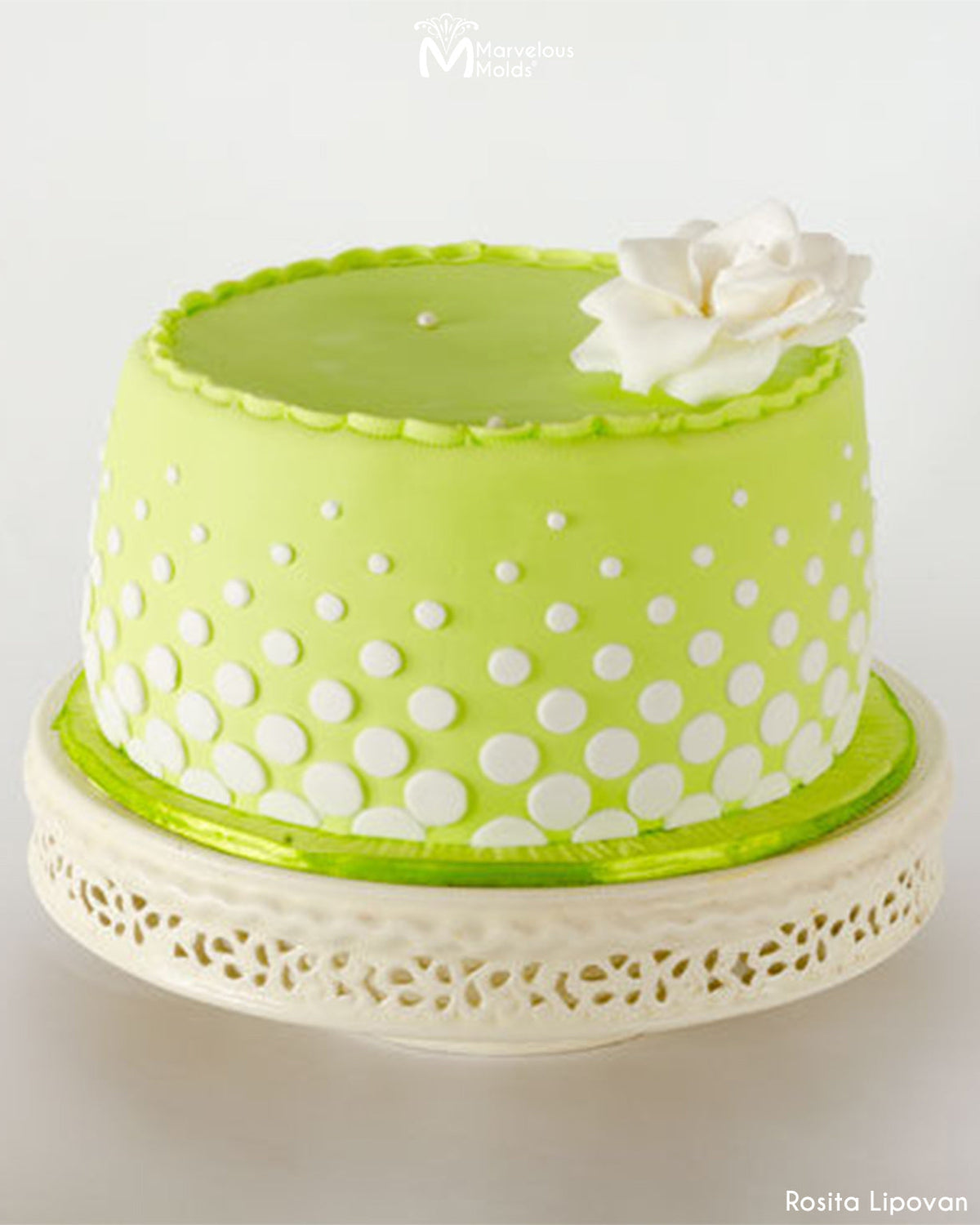 Lime Green Polka Dot Cake Decorated with Sparkling Bubbles Silicone Onlay Cake Stencil Mold by Marvelous Molds