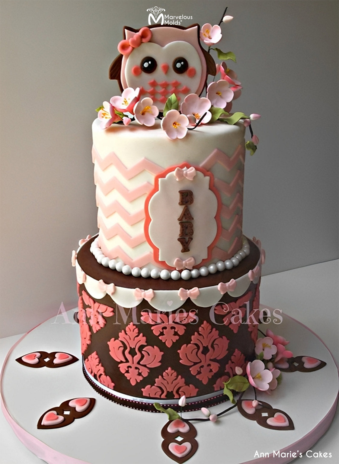 Baby Shower Chevron Cake Decorated Using Damask Pattern Silicone Onlay by Marvelous Molds