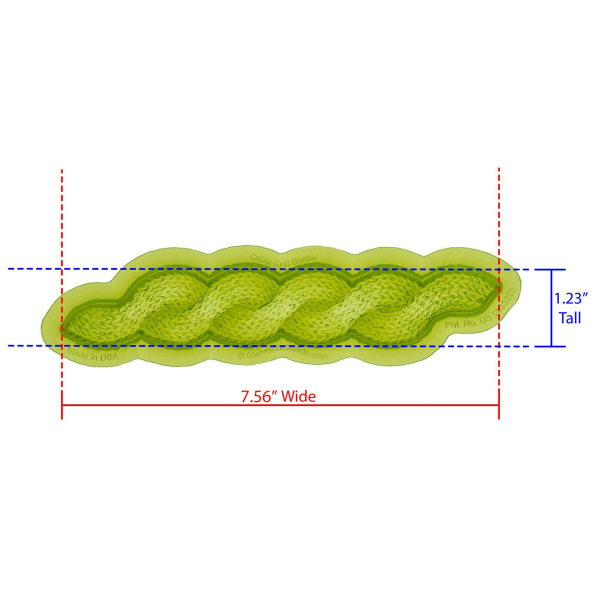 Cable Knit Border Silicone Mold Cavity Measures 7.56 inches wide by 1.23 inches tall, proudly Made in USA