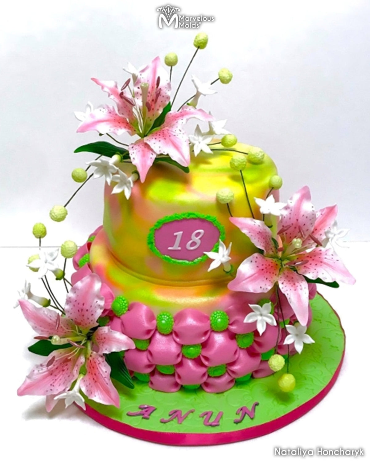 Neon Floral Birthday Cake decorated using the Calligraphy Numbers Letter Cutter Flexabet by Marvelous Molds
