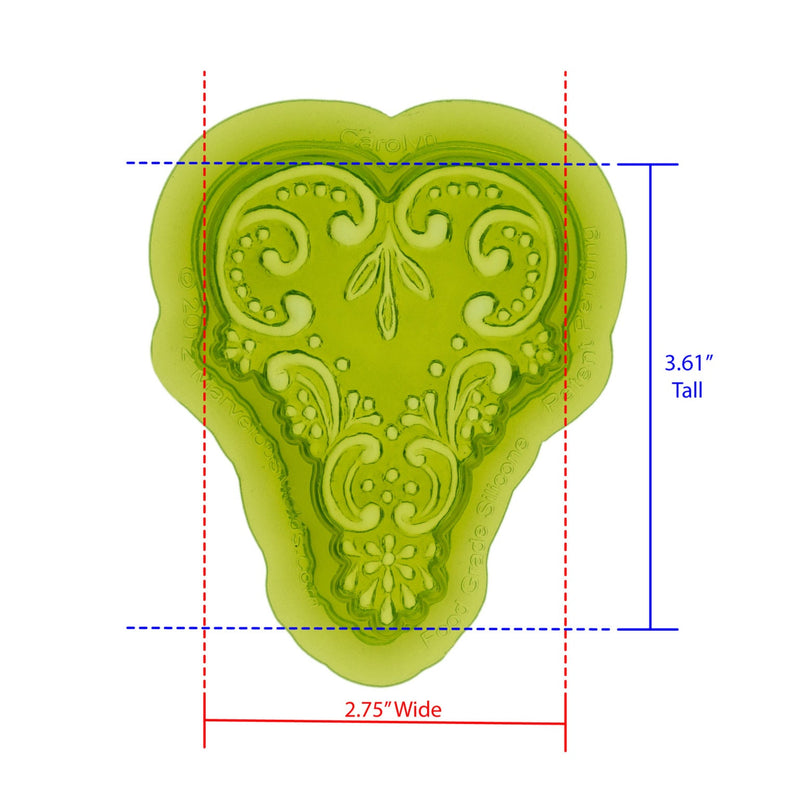 Carolyn Lace Silicone Mold Cavity Measures 2.75 inches Wide by 3.61 inches Tall, proudly Made in USA