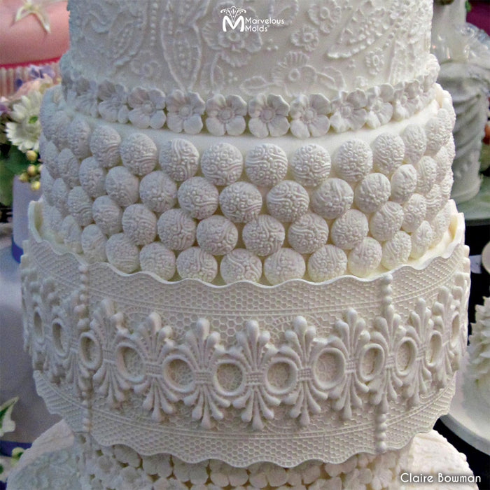 White Wedding Cake Decorated with Cake Lace and Marvelous Molds Filigree Button Silicone Mold