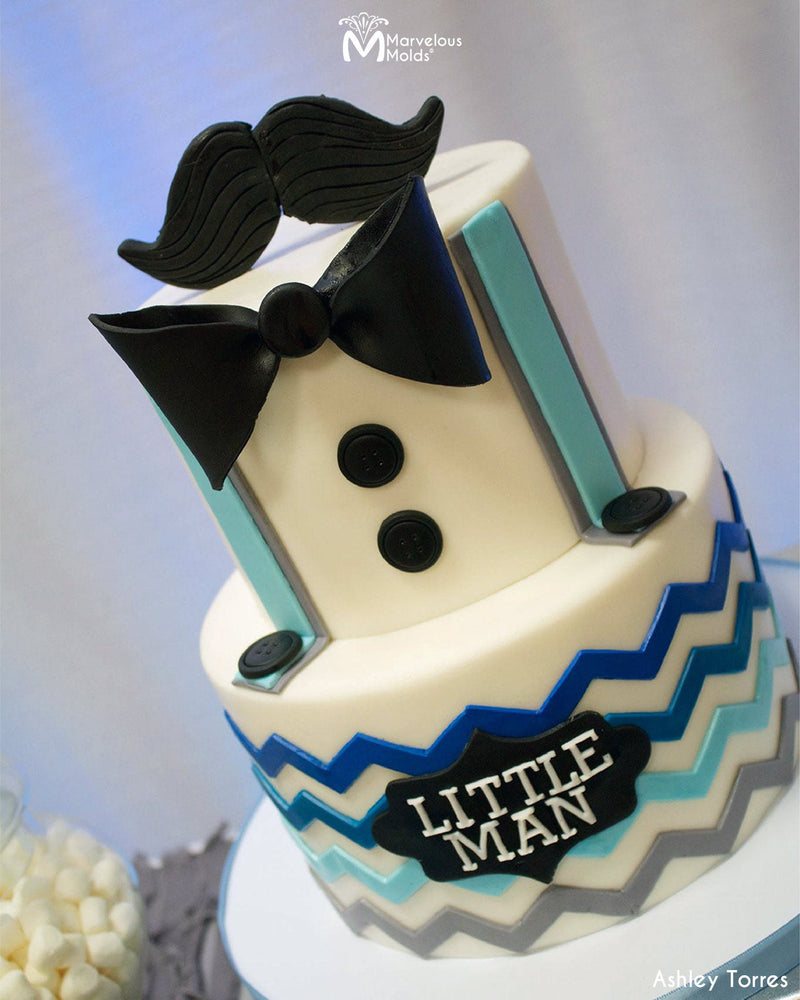 Baby Boy First Birthday Cake Decorated with Marvelous Molds Medium Chevron Silicone Onlay Ribbon