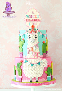 A Whole Llama Fun Birthday Cake Decorated Using the Typewriter Uppercase Lettering Flexabet for Cake Decorating, by Marvelous Molds