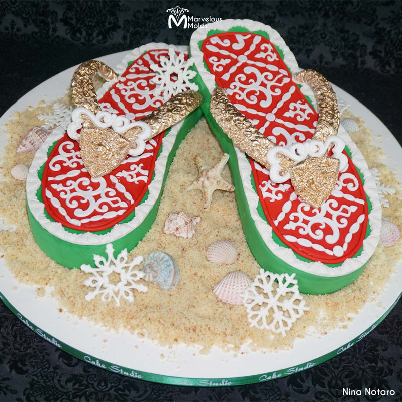Christmas in July Themed Sandals Cake Decorated Using the Crescendo Border Silicone Mold by Marvelous Molds