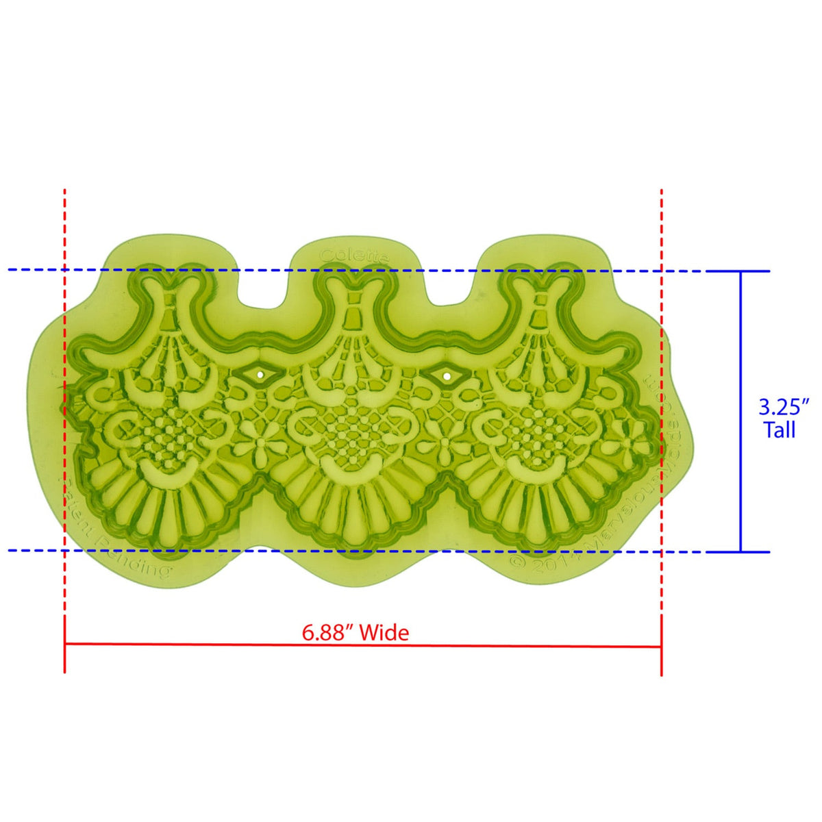 Colette Lace Silicone Mold Cavity measures 6.88 inches Wide by 3.25 inches Tall, proudly Made in USA
