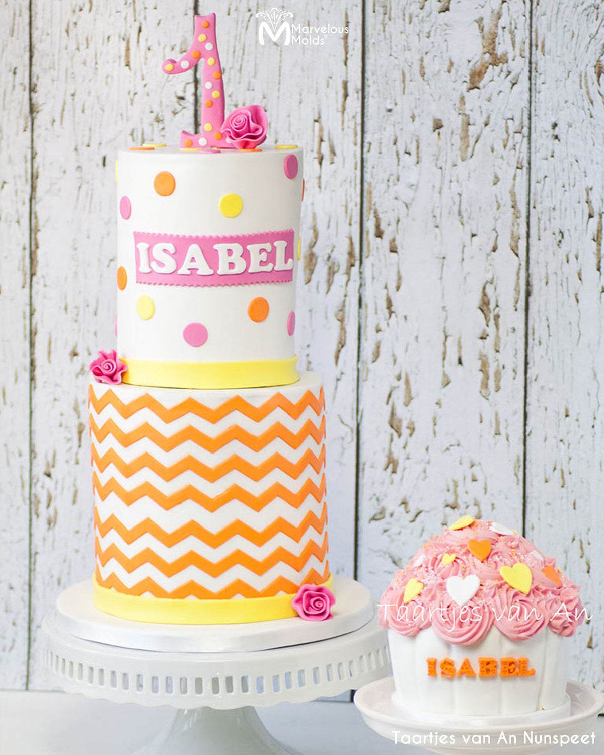 Children's Chevron and Polka Dot Birthday Cake Decorated with the Medium Chevron Silicone Onlay Ribbon by Marvelous Molds