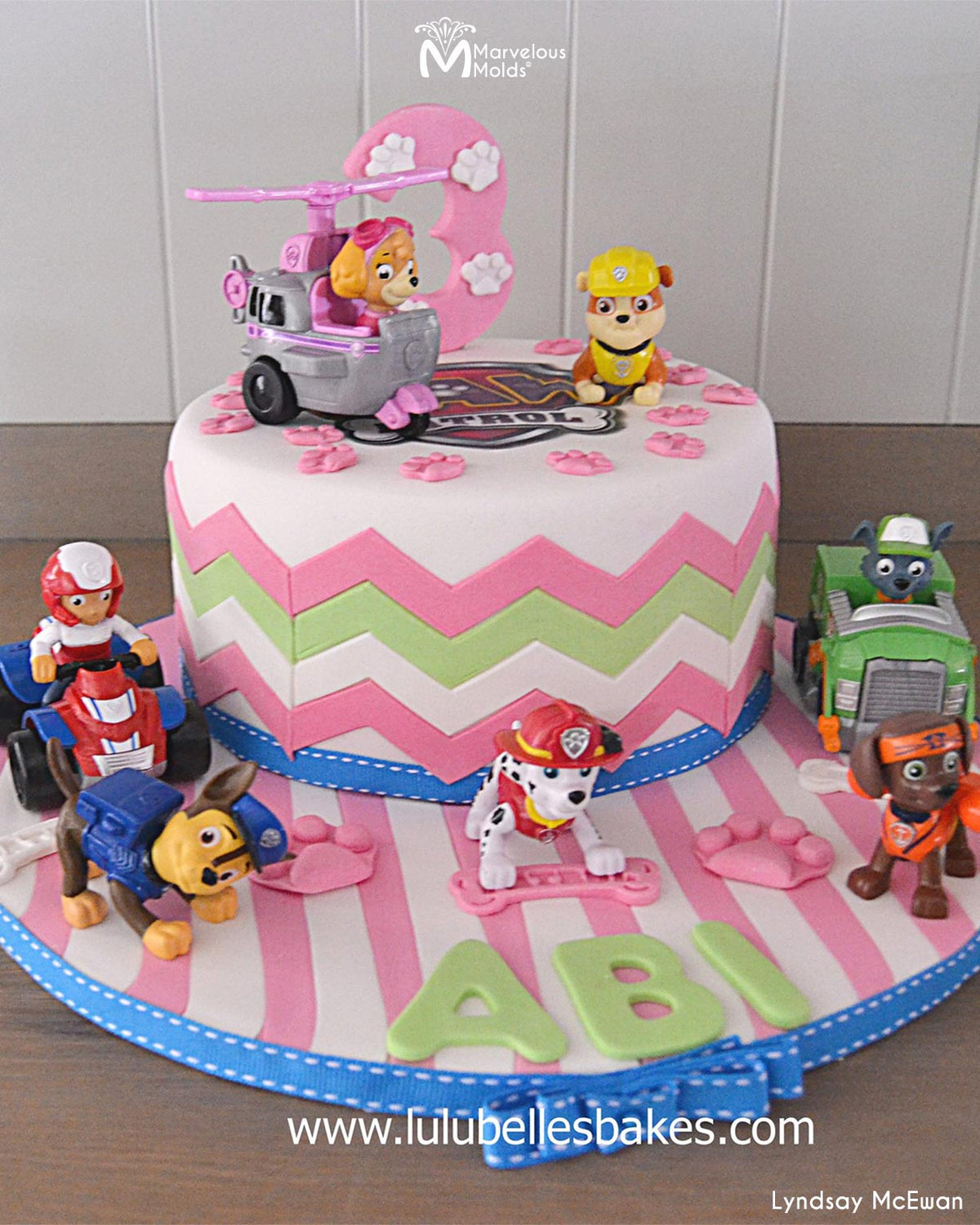 Paw Patrol Themed Birthday Cake Decorated with Marvelous Molds Lrge Chevron Silicone Onlay Ribbon