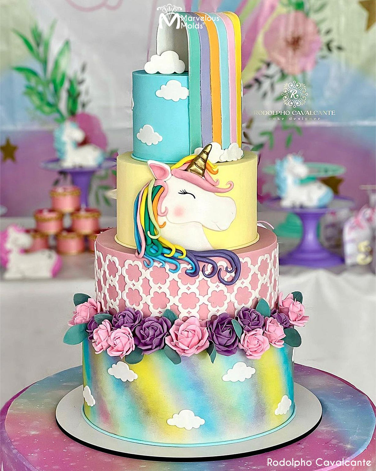 Unicorn and Rainbows Birthday Cake Decorated using Marvelous Molds Silicone Stencil Daisy Chain Silicone Onlay