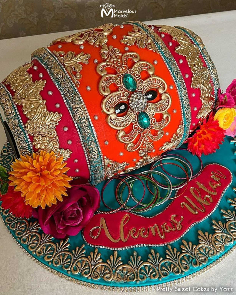 Dholak Cake for a Wedding Celebration Decorated using the Marvelous Molds Gloria Lace Silicone Mold