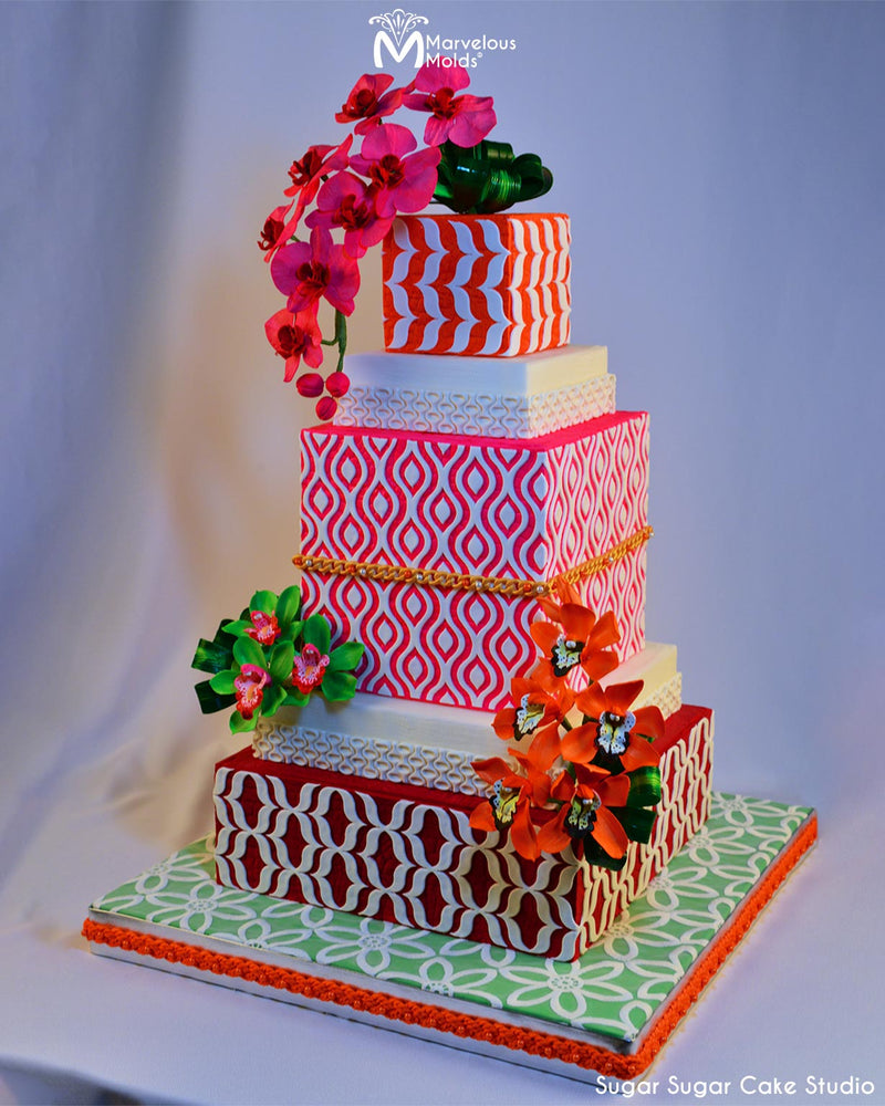 Hot Pink Cake Decorated Using the Marvelous Molds Ikat Lattice SIlicone Onlay Cake Stencil
