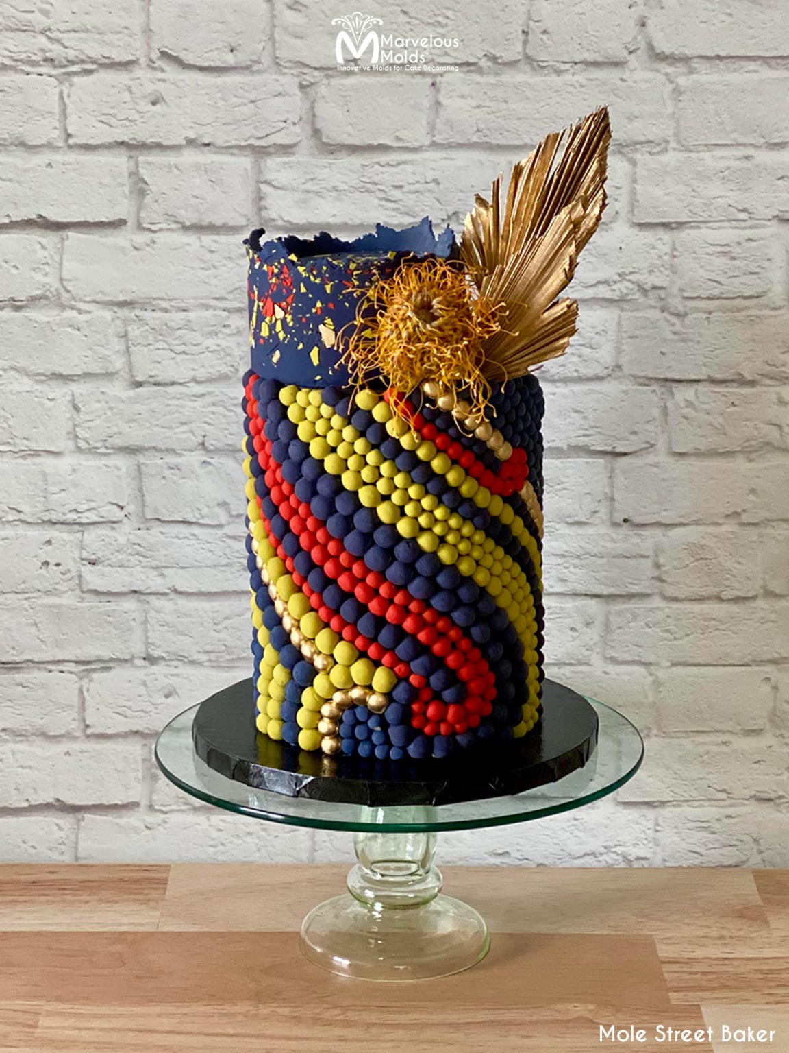 Red Yellow Blue Cake Decorated with Full Pearl Strings, Created Using the Marvelous Molds PinchPro Pearls 8mm Silicone Mold