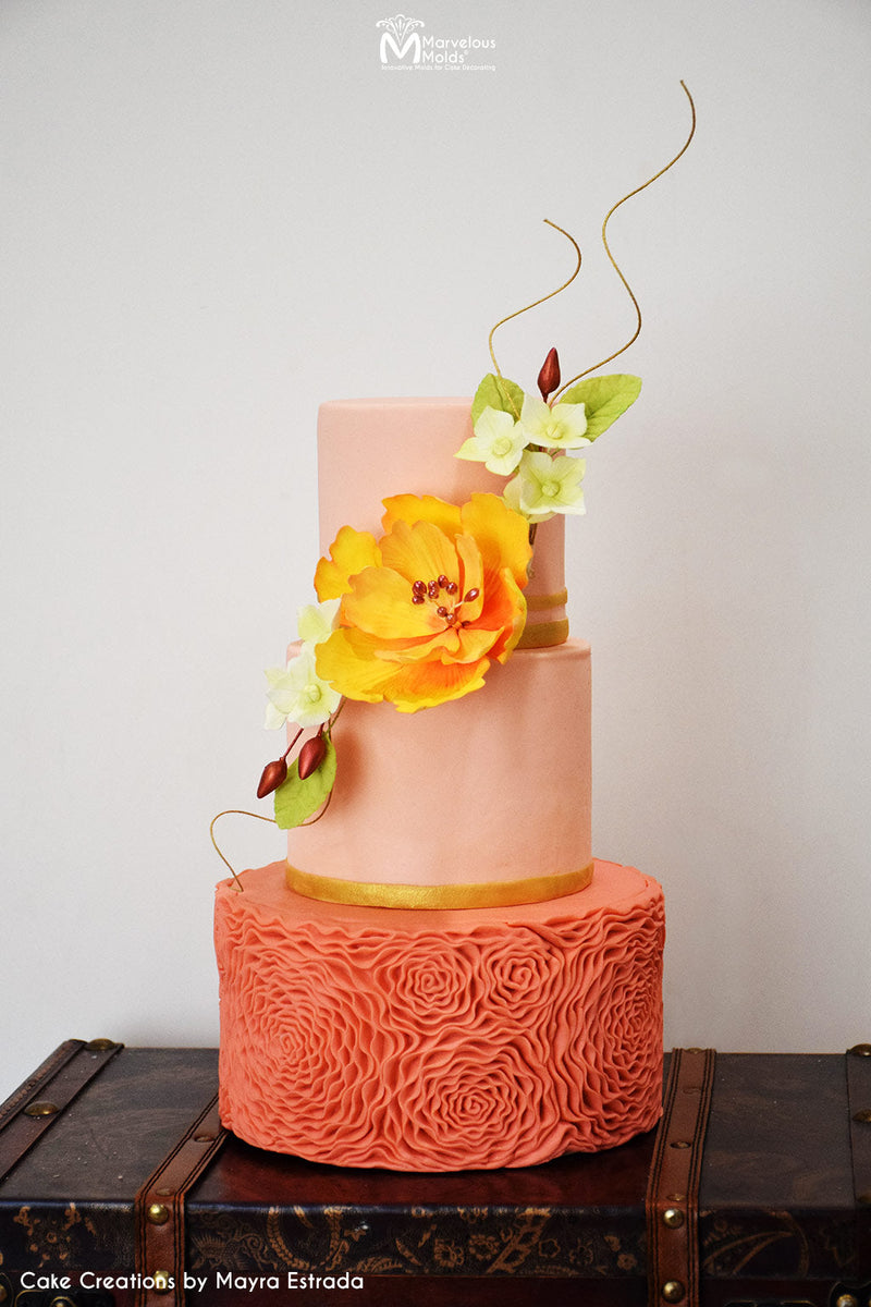 Bright and Coral Cake Decorated with Marvelous Molds Rosette Ruffle Simpress Silicone Mold