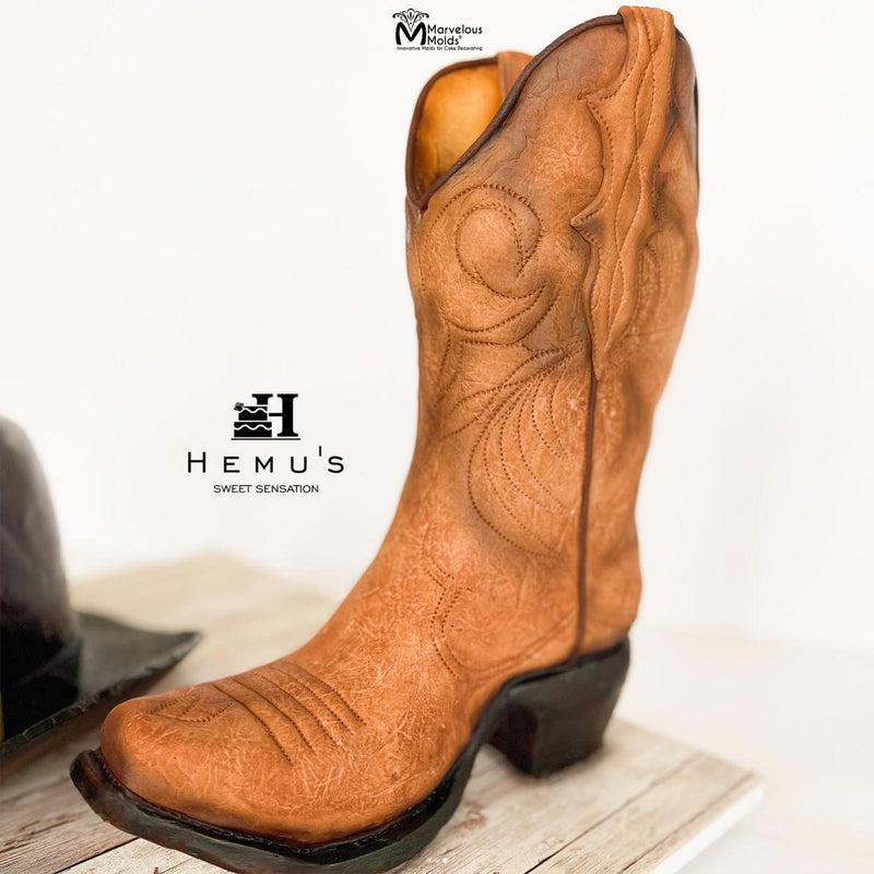 Realistic Leather Cowboy Boot Cake Art Decorated Using the Marvelous Molds Silicone Distressed Leather Impression Mat