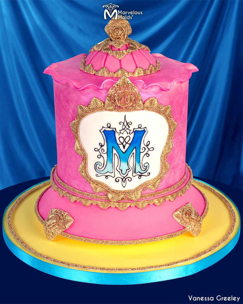 Pink Embellished Birthday Cake Decorated using the Marvelous Molds Interlude Floral Border Silicoen Mold