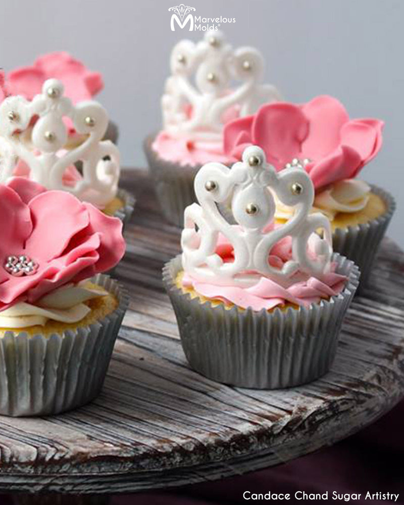 Floral and Tiara Decorated Cupcakes Created with Marvelous Molds Mini Majestic Tiara Silicone Mold