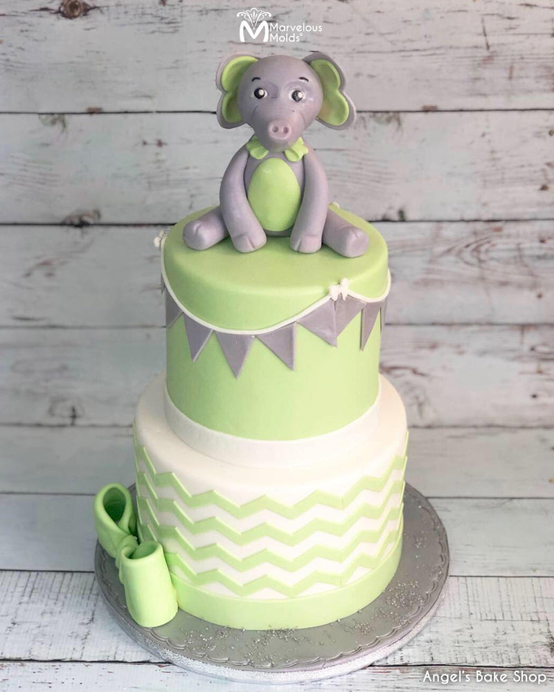 Elephant Baby Birthday Cake Decorated With Small Chevron Silicone Onlay Ribbon for Cake Decorating by Marvelous Molds