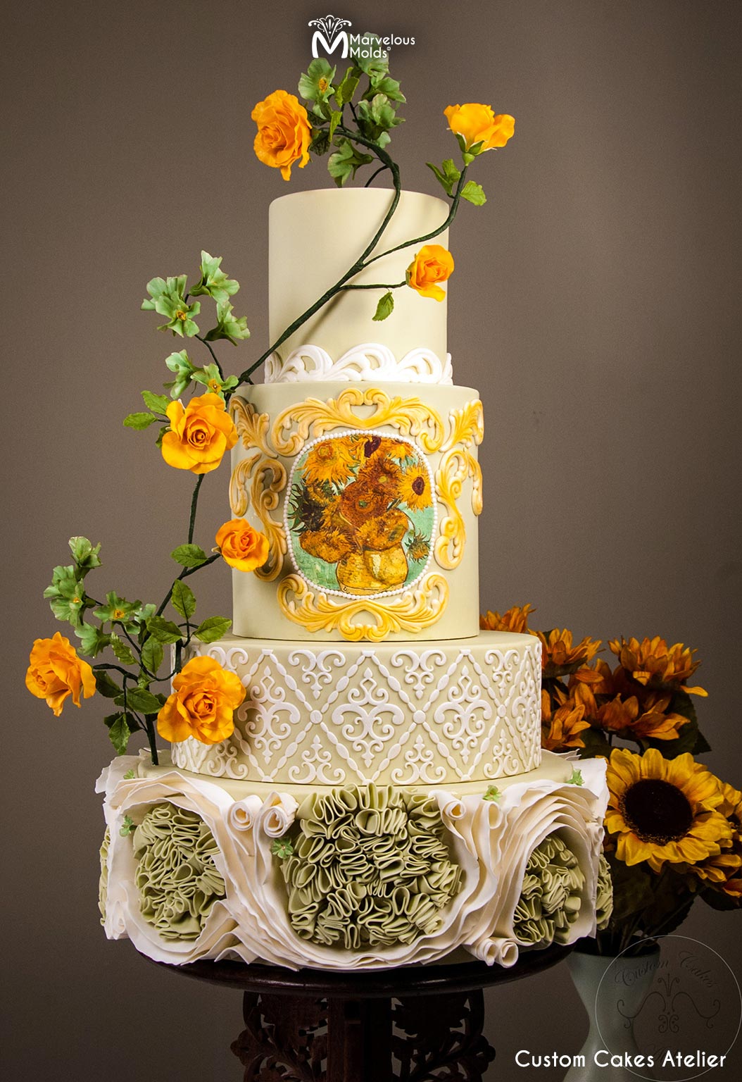Vincent Vangough Sunflowers Themed Ruffled Wedding Cake Decorated using the Flourish Centerpiece Silicone Mold by Marvelous Molds