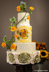Vincent Vangough Sunflowers Themed Ruffled Wedding Cake Decorated using the Filigree Damask Pattern Silicone Stencil Onlay