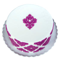 Decorated cake image showing the Damask Medallion Food Safe Silicone Onlay for Fondant Cake Decorating by Marvelous Molds