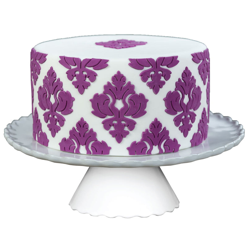 Decorated cake image showing the Damask Pattern Food Safe Silicone Onlay for Fondant Cake Decorating by Marvelous Molds