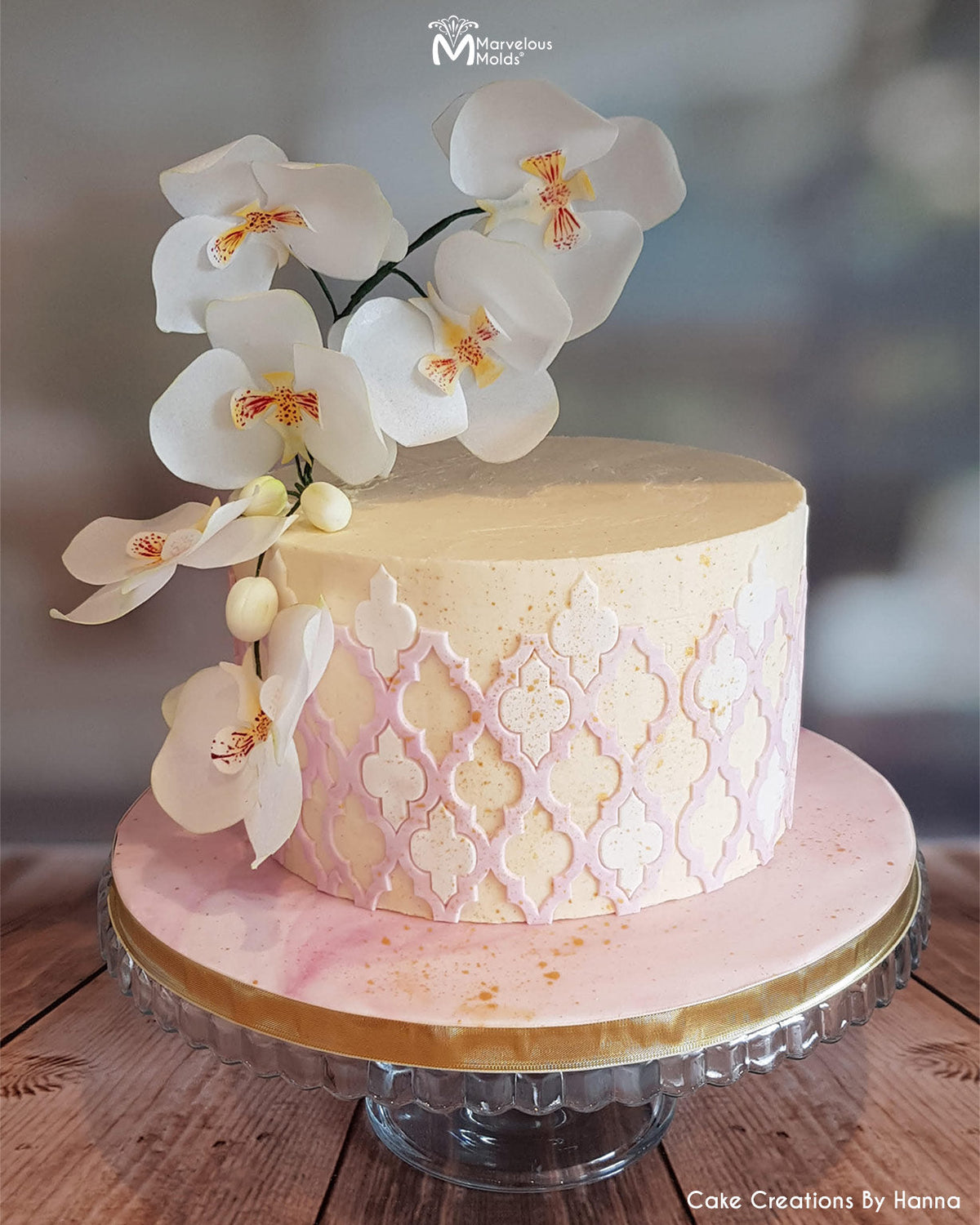 White and Baby Pink Moroccan Lattice Decorated Cake using the Marvelous Molds Moroccan Lattice Silicone Onlay