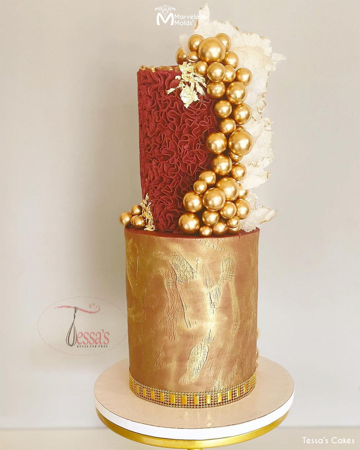 Red and Gold Cake Decorated with Scrunch Ruffle Silicone Simpress Mold