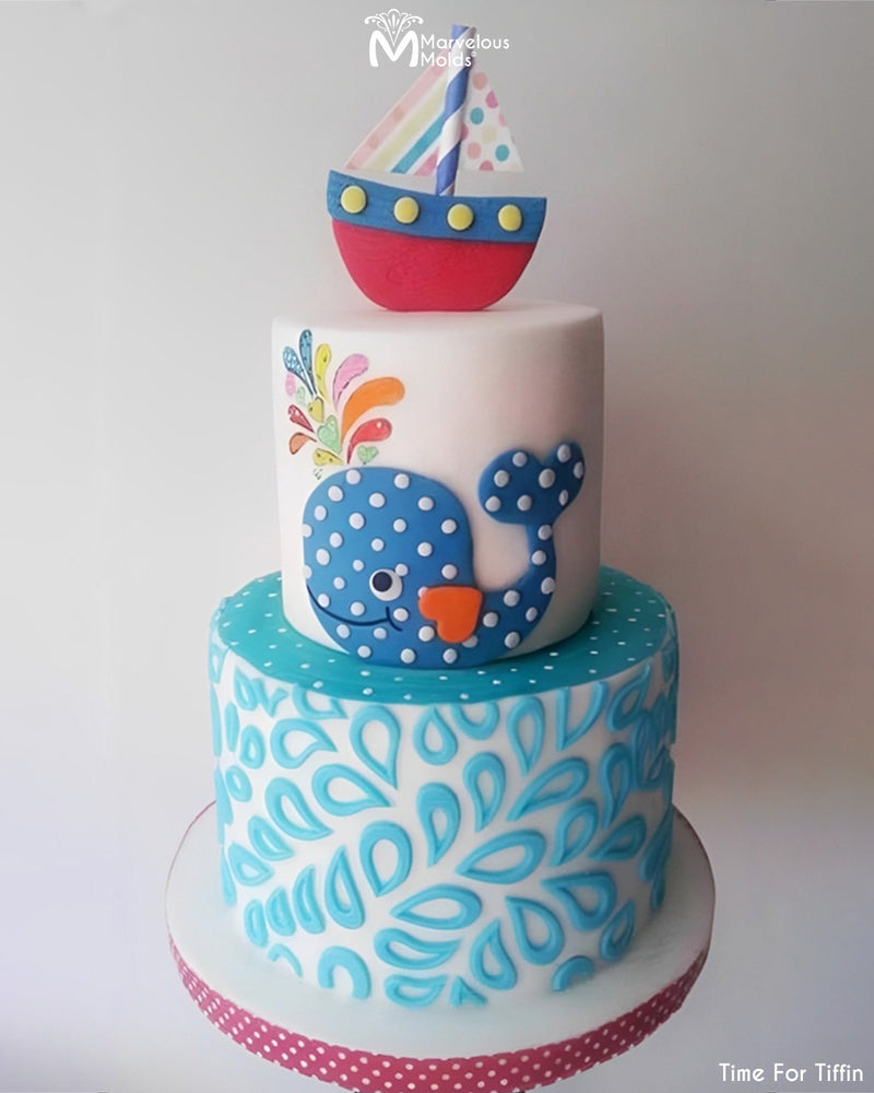 Nautical Baby Birthday Cake Decorated Using the Splash Silicone Onlay Cake Stencil Mold by Marvelous Molds