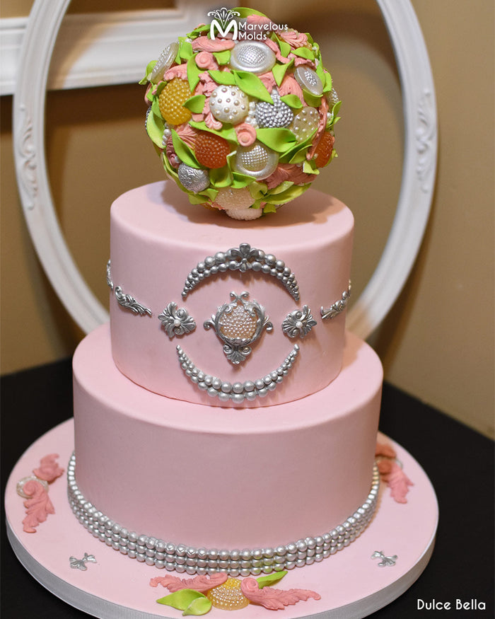 Pink Wedding Cake Decorated Using the Dots Silicone Button Mold by Marvelous Molds