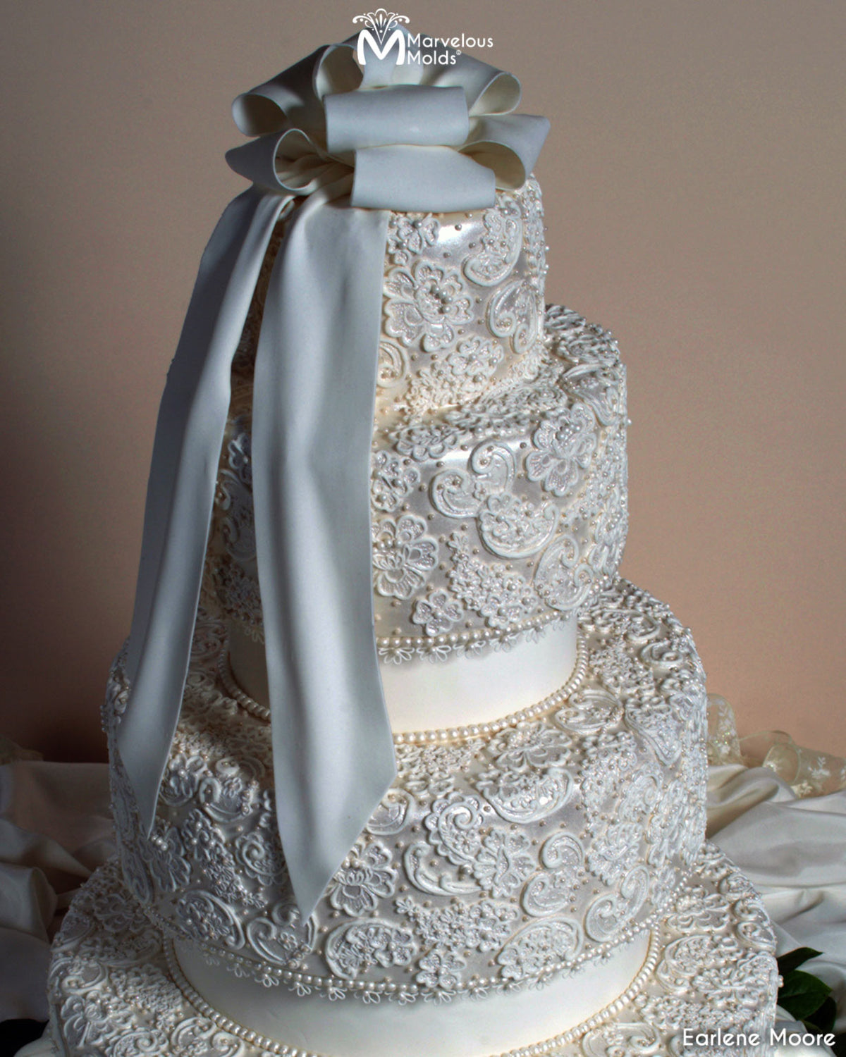 White Lace Wedding Cake Decorated using Marvelous Molds Gail Lace Silicone Mold