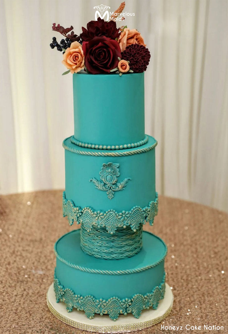 Blue Cake with Wicker Detail Decorated with Marvelous Molds Gloria Lace Food Safe SIlicone Mold