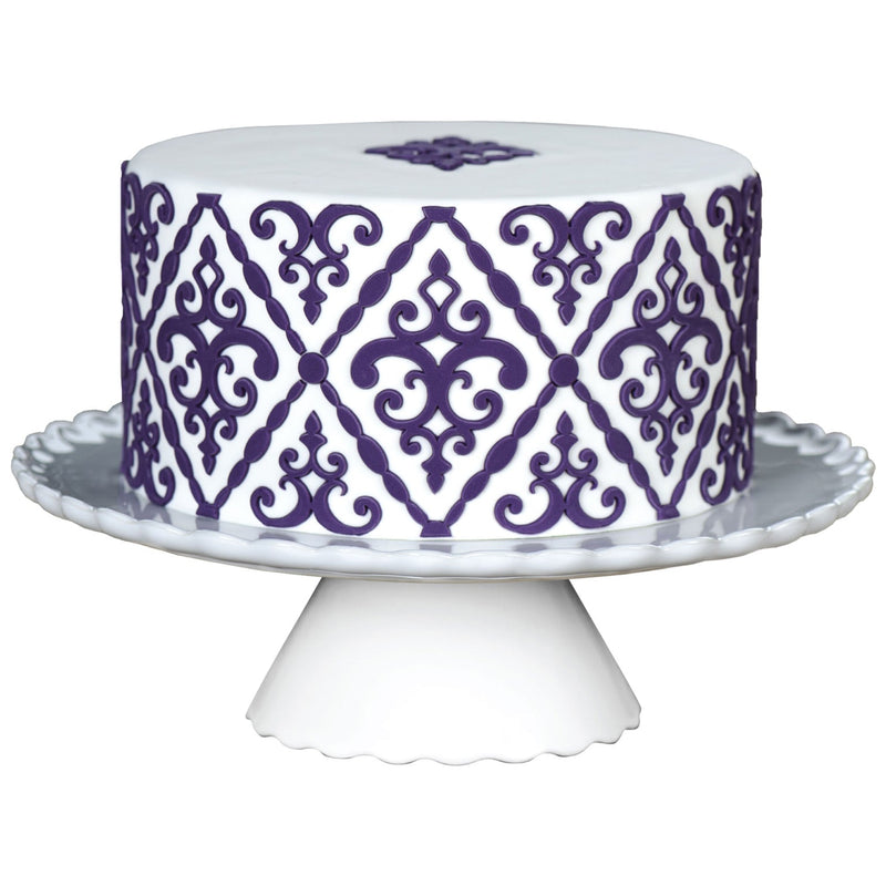 Decorated Cake Image showing the Filigree Damask Pattern Food Safe Silicone Onlay for Fondant Cake Decorating by Marvelous Molds