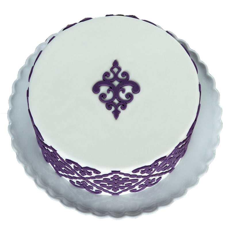 Decorated Cake Image showing the Filigree Damask Medallion Food Safe Silicone Onlay for Fondant Cake Decorating by Marvelous Molds