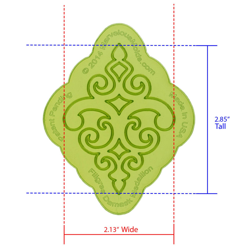 Filigree Damask Medallion Silicone Onlay measures 2.13 inches Wide by 2.85 inches Tall proudly Made in USA by Marvelous Molds