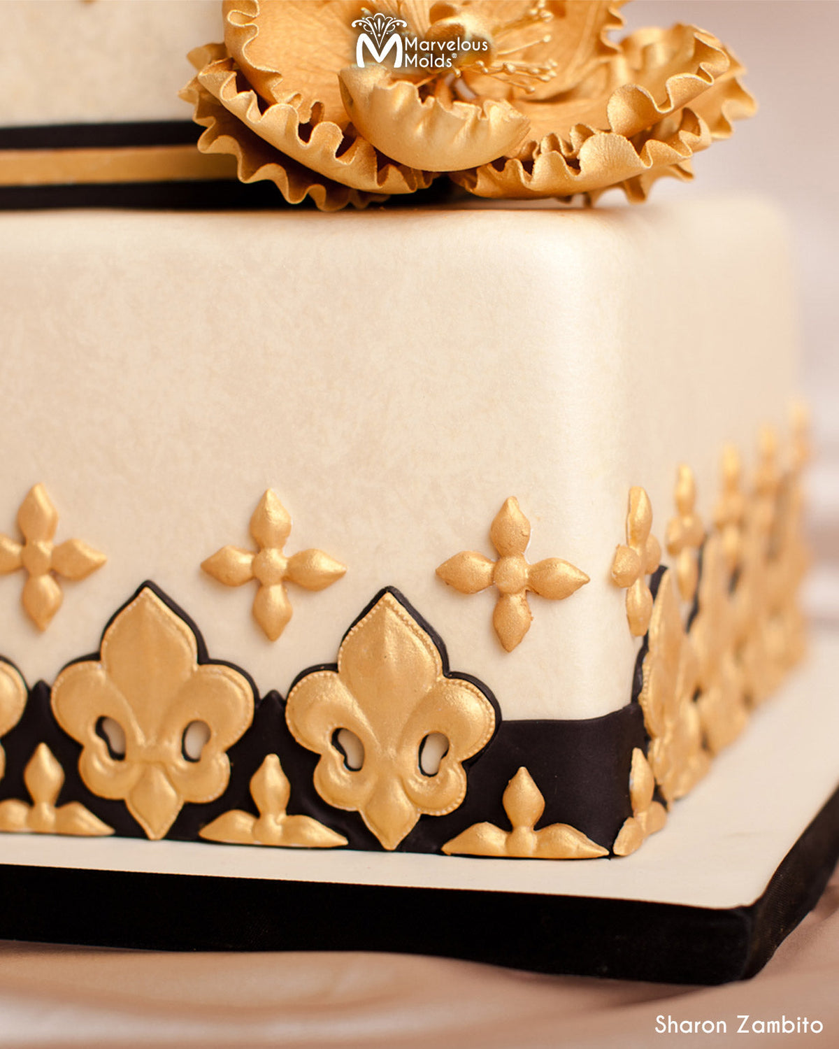 Wedding Cake Border Decorated Using the Marvelous Molds Jacks Fleur De LIs Silicone Mold