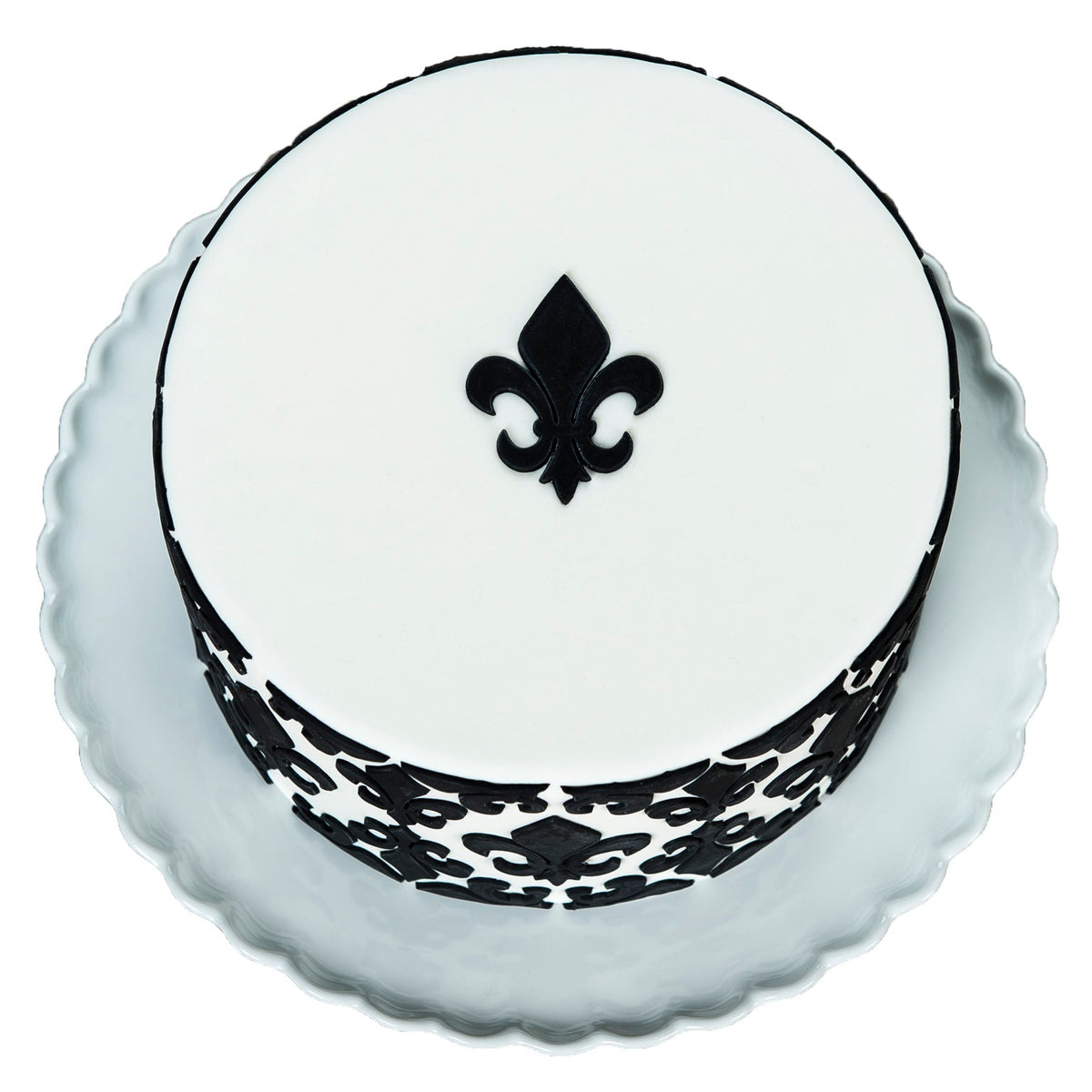 Decorated Cake image showing the Fleur de Lis Medallion Food Safe Silicone Onlay for Fondant Cake Decorating by Marvelous Molds