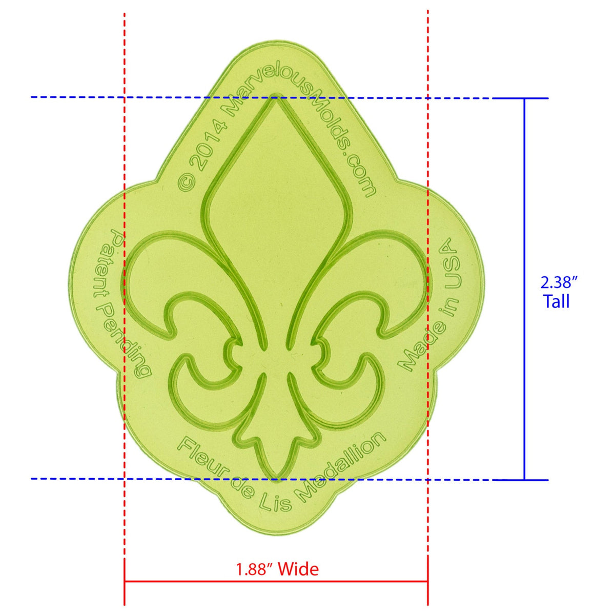 Fleur de Lis Medallion Silicone Onlay measures 1.88 inches Wide by 2.38 inches Tall, proudly Made in USA