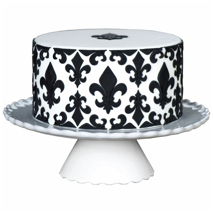 Decorated Cake Image showing the Fleur De Lis Pattern Food Safe Silicone Onlay for Fondant Cake Decorating by Marvelous Molds