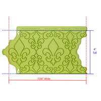 Fleur de Lis Pattern Silicone Onlay measures 7.08 inches Wide by 4 inches Tall, proudly Made in USA