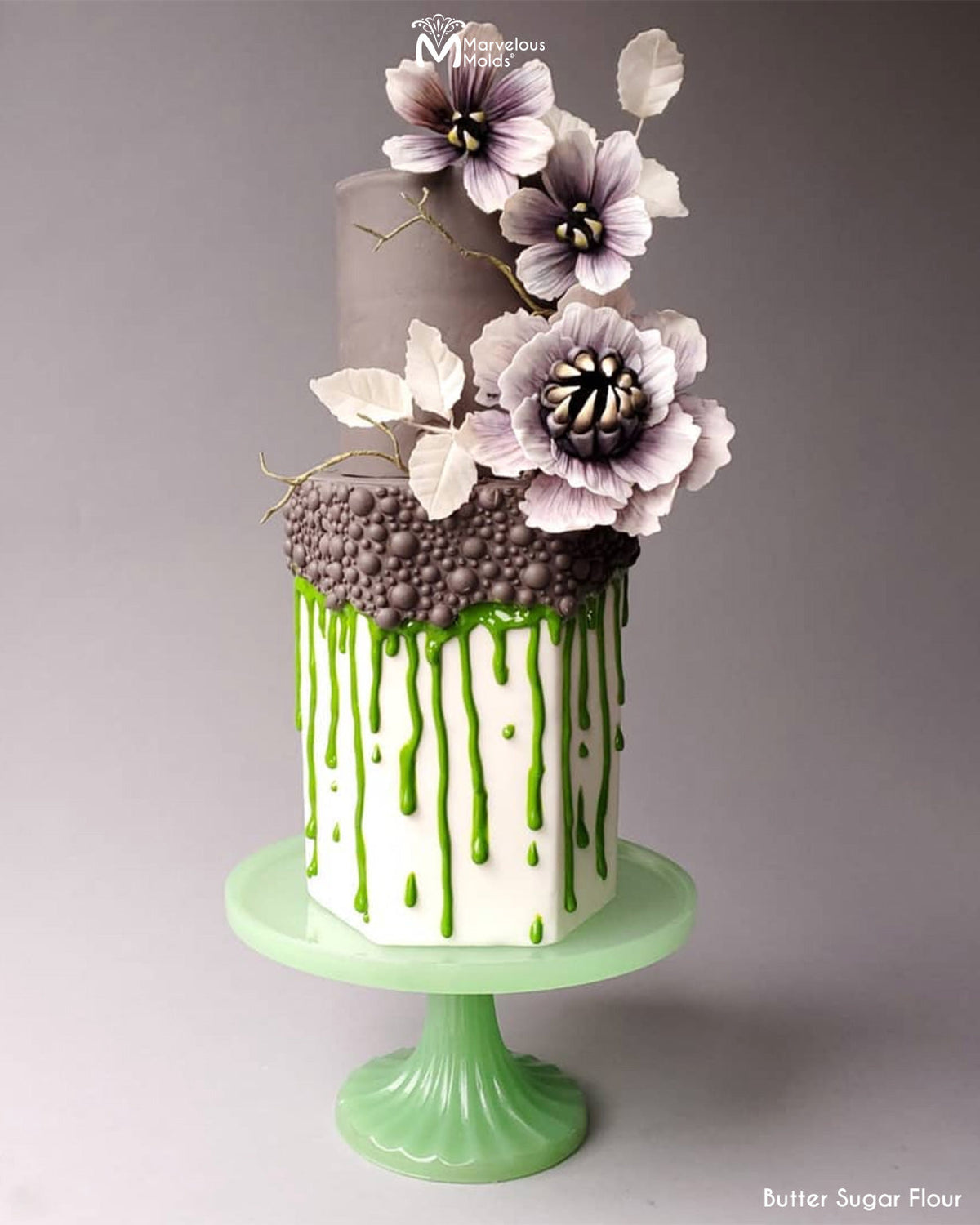 Grey and Green Gooey Cake, with Spooky Halloween Flowers, Created Using the Marvelous Molds Pretty in Pearls Simpress Silicone Mold