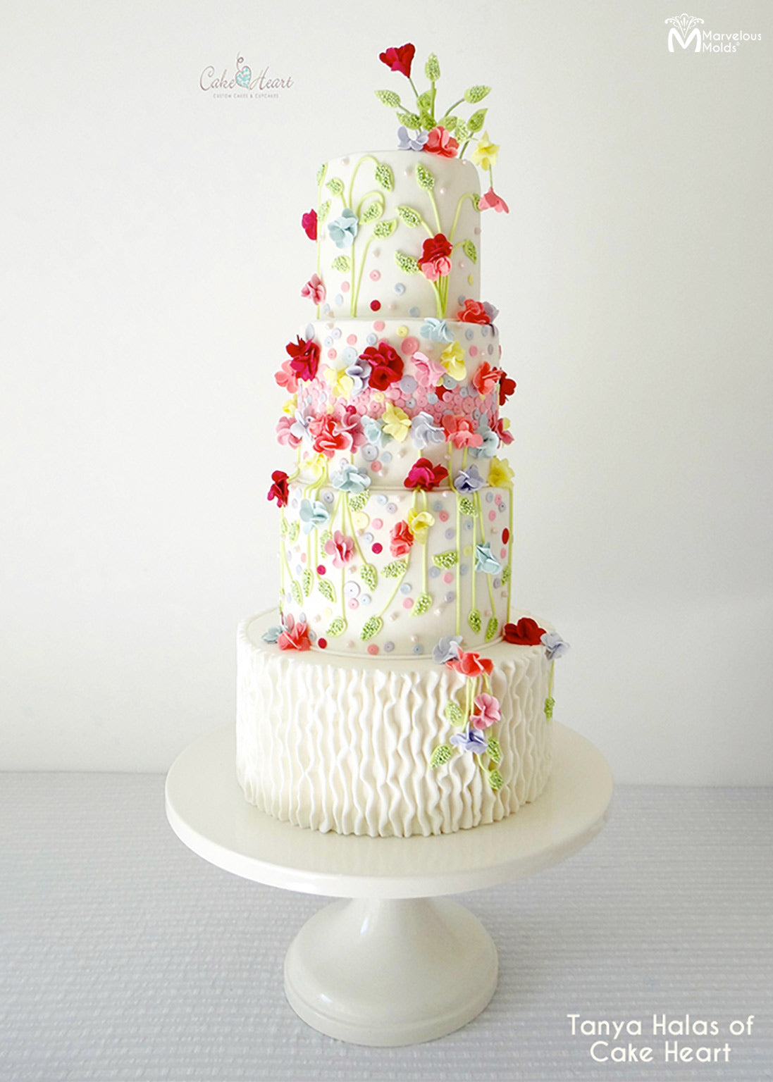 Spring Wedding Cake Decorated with the Straight-Up Ruffle Simpress Silicone Mold by Marvelous Molds